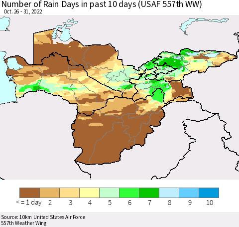 Central Asia Number of Rain Days in past 10 days (USAF 557th WW) Thematic Map For 10/26/2022 - 10/31/2022