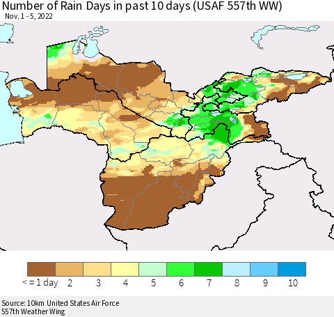 Central Asia Number of Rain Days in past 10 days (USAF 557th WW) Thematic Map For 11/1/2022 - 11/5/2022