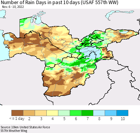 Central Asia Number of Rain Days in past 10 days (USAF 557th WW) Thematic Map For 11/6/2022 - 11/10/2022