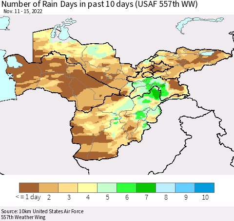 Central Asia Number of Rain Days in past 10 days (USAF 557th WW) Thematic Map For 11/11/2022 - 11/15/2022