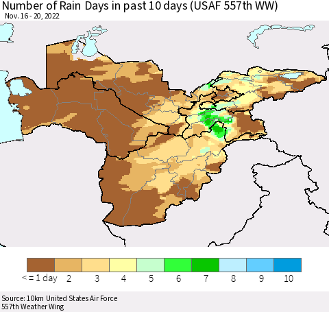 Central Asia Number of Rain Days in past 10 days (USAF 557th WW) Thematic Map For 11/16/2022 - 11/20/2022