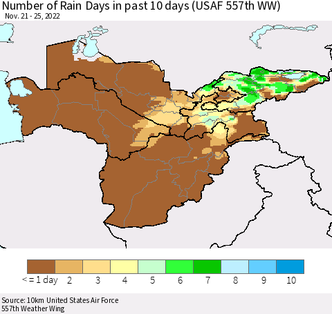Central Asia Number of Rain Days in past 10 days (USAF 557th WW) Thematic Map For 11/21/2022 - 11/25/2022