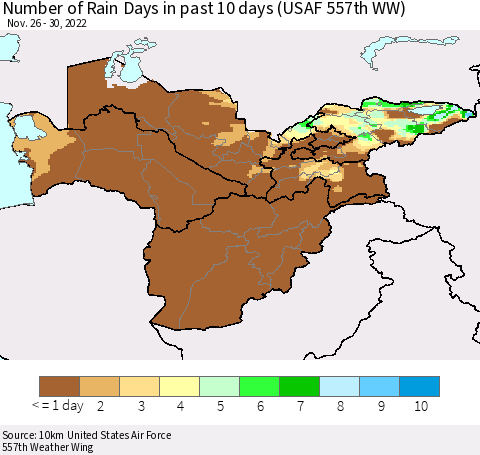Central Asia Number of Rain Days in past 10 days (USAF 557th WW) Thematic Map For 11/26/2022 - 11/30/2022