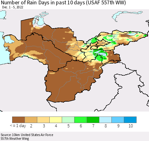 Central Asia Number of Rain Days in past 10 days (USAF 557th WW) Thematic Map For 12/1/2022 - 12/5/2022
