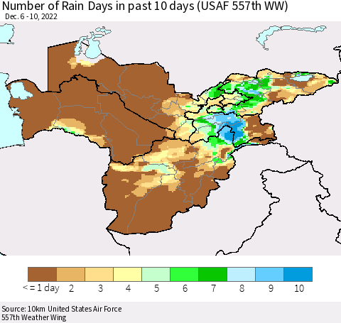 Central Asia Number of Rain Days in past 10 days (USAF 557th WW) Thematic Map For 12/6/2022 - 12/10/2022