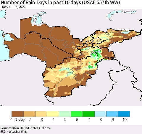 Central Asia Number of Rain Days in past 10 days (USAF 557th WW) Thematic Map For 12/11/2022 - 12/15/2022