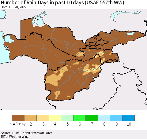 Central Asia Number of Rain Days in past 10 days (USAF 557th WW) Thematic Map For 12/16/2022 - 12/20/2022