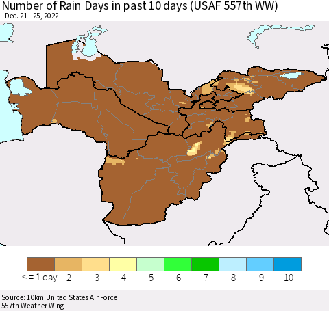 Central Asia Number of Rain Days in past 10 days (USAF 557th WW) Thematic Map For 12/21/2022 - 12/25/2022