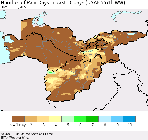 Central Asia Number of Rain Days in past 10 days (USAF 557th WW) Thematic Map For 12/26/2022 - 12/31/2022