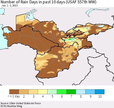 Central Asia Number of Rain Days in past 10 days (USAF 557th WW) Thematic Map For 1/1/2023 - 1/5/2023