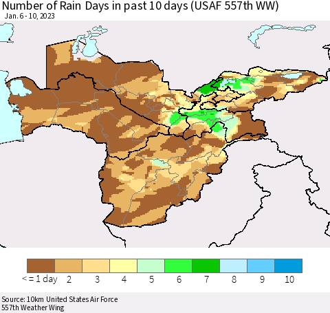 Central Asia Number of Rain Days in past 10 days (USAF 557th WW) Thematic Map For 1/6/2023 - 1/10/2023