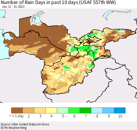 Central Asia Number of Rain Days in past 10 days (USAF 557th WW) Thematic Map For 1/11/2023 - 1/15/2023