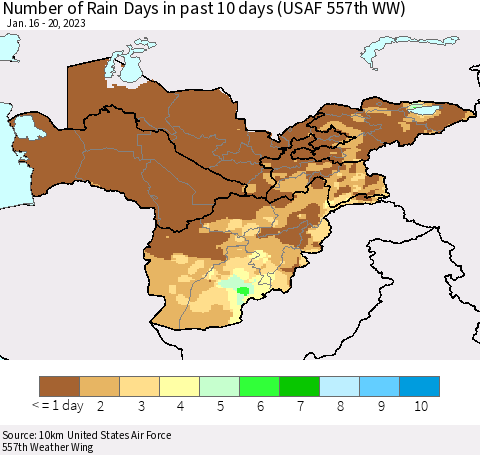 Central Asia Number of Rain Days in past 10 days (USAF 557th WW) Thematic Map For 1/16/2023 - 1/20/2023