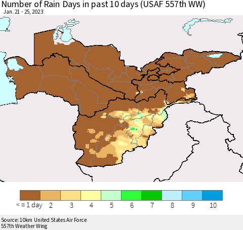 Central Asia Number of Rain Days in past 10 days (USAF 557th WW) Thematic Map For 1/21/2023 - 1/25/2023