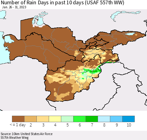 Central Asia Number of Rain Days in past 10 days (USAF 557th WW) Thematic Map For 1/26/2023 - 1/31/2023