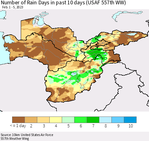 Central Asia Number of Rain Days in past 10 days (USAF 557th WW) Thematic Map For 2/1/2023 - 2/5/2023