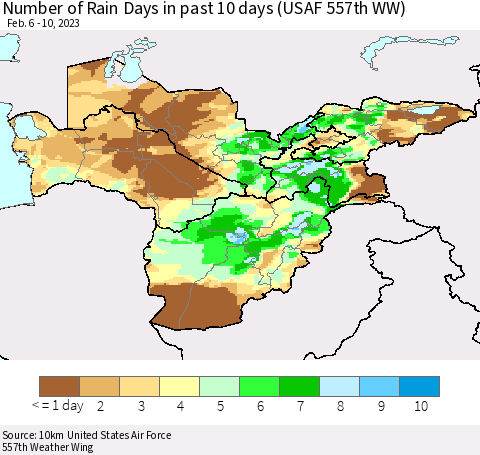 Central Asia Number of Rain Days in past 10 days (USAF 557th WW) Thematic Map For 2/6/2023 - 2/10/2023