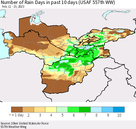 Central Asia Number of Rain Days in past 10 days (USAF 557th WW) Thematic Map For 2/11/2023 - 2/15/2023