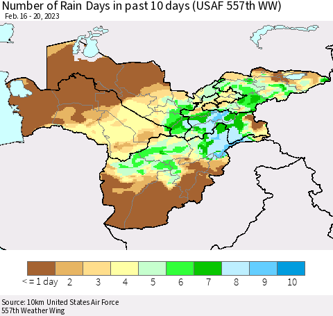 Central Asia Number of Rain Days in past 10 days (USAF 557th WW) Thematic Map For 2/16/2023 - 2/20/2023