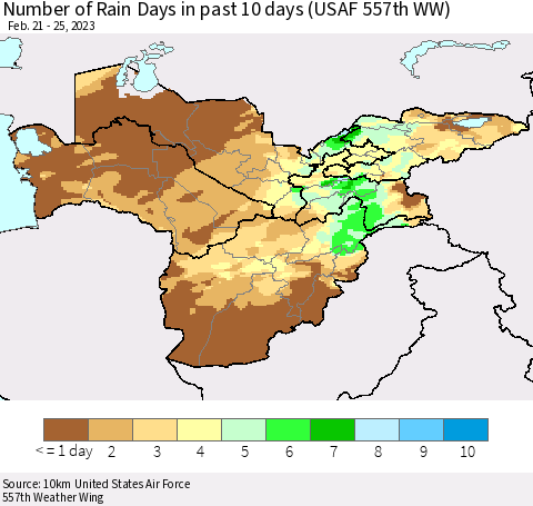 Central Asia Number of Rain Days in past 10 days (USAF 557th WW) Thematic Map For 2/21/2023 - 2/25/2023