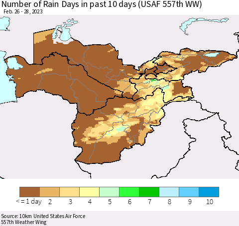 Central Asia Number of Rain Days in past 10 days (USAF 557th WW) Thematic Map For 2/26/2023 - 2/28/2023