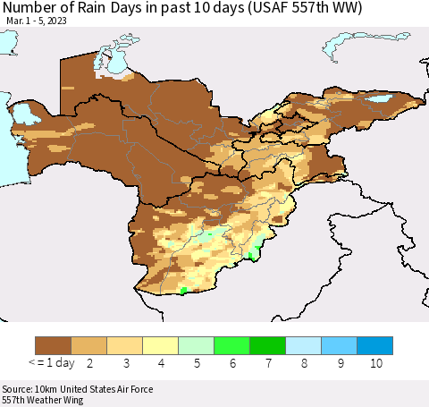 Central Asia Number of Rain Days in past 10 days (USAF 557th WW) Thematic Map For 3/1/2023 - 3/5/2023