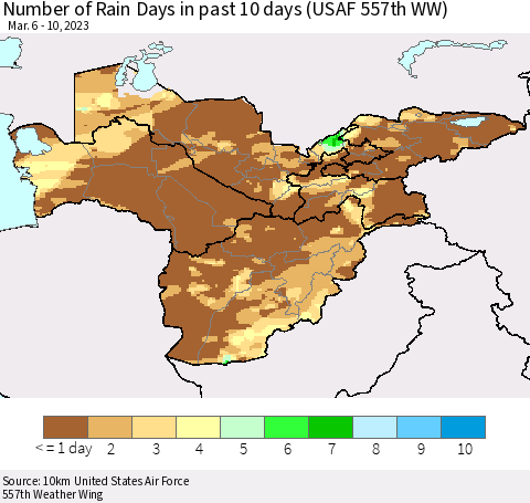 Central Asia Number of Rain Days in past 10 days (USAF 557th WW) Thematic Map For 3/6/2023 - 3/10/2023