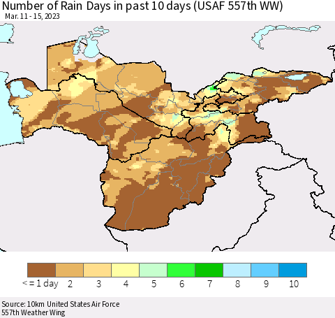 Central Asia Number of Rain Days in past 10 days (USAF 557th WW) Thematic Map For 3/11/2023 - 3/15/2023