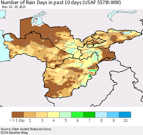 Central Asia Number of Rain Days in past 10 days (USAF 557th WW) Thematic Map For 3/16/2023 - 3/20/2023
