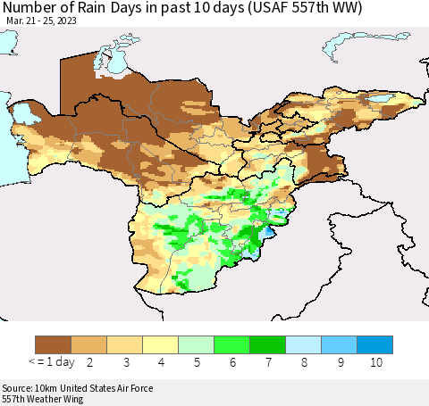 Central Asia Number of Rain Days in past 10 days (USAF 557th WW) Thematic Map For 3/21/2023 - 3/25/2023
