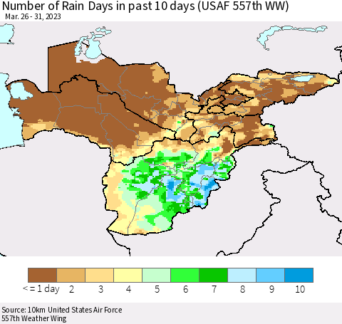 Central Asia Number of Rain Days in past 10 days (USAF 557th WW) Thematic Map For 3/26/2023 - 3/31/2023