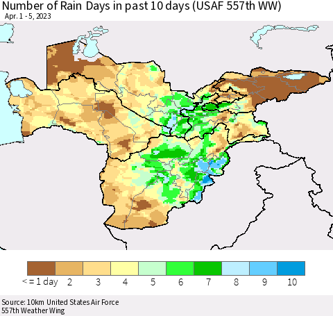 Central Asia Number of Rain Days in past 10 days (USAF 557th WW) Thematic Map For 4/1/2023 - 4/5/2023