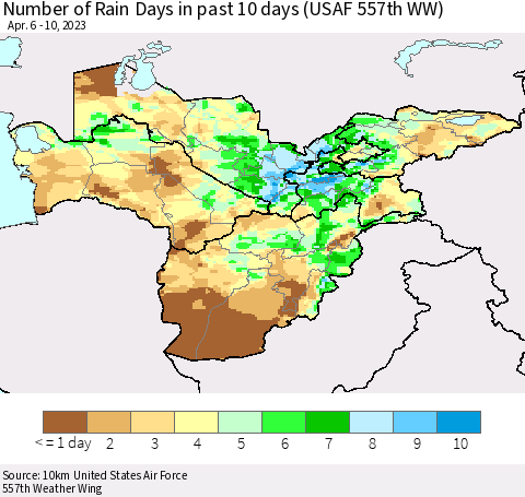 Central Asia Number of Rain Days in past 10 days (USAF 557th WW) Thematic Map For 4/6/2023 - 4/10/2023