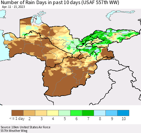 Central Asia Number of Rain Days in past 10 days (USAF 557th WW) Thematic Map For 4/11/2023 - 4/15/2023