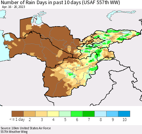 Central Asia Number of Rain Days in past 10 days (USAF 557th WW) Thematic Map For 4/16/2023 - 4/20/2023