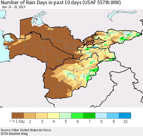 Central Asia Number of Rain Days in past 10 days (USAF 557th WW) Thematic Map For 4/21/2023 - 4/25/2023