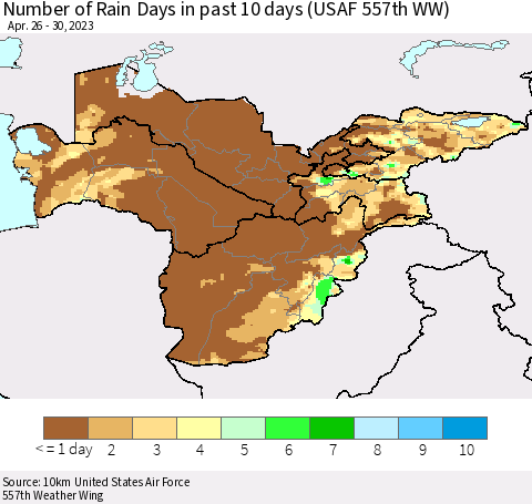 Central Asia Number of Rain Days in past 10 days (USAF 557th WW) Thematic Map For 4/26/2023 - 4/30/2023