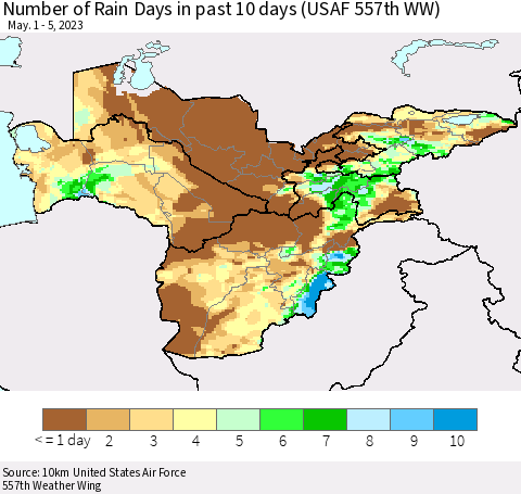 Central Asia Number of Rain Days in past 10 days (USAF 557th WW) Thematic Map For 5/1/2023 - 5/5/2023