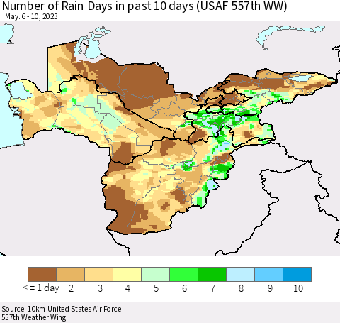 Central Asia Number of Rain Days in past 10 days (USAF 557th WW) Thematic Map For 5/6/2023 - 5/10/2023