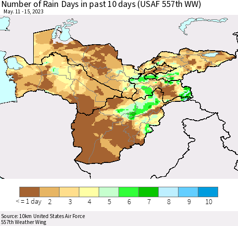 Central Asia Number of Rain Days in past 10 days (USAF 557th WW) Thematic Map For 5/11/2023 - 5/15/2023