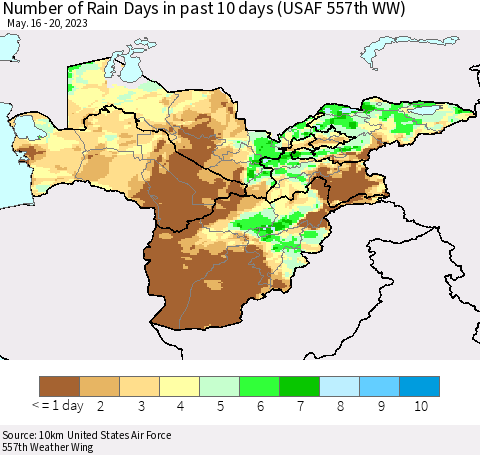 Central Asia Number of Rain Days in past 10 days (USAF 557th WW) Thematic Map For 5/16/2023 - 5/20/2023