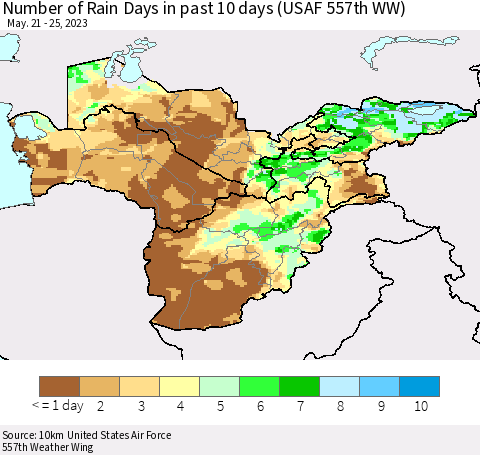 Central Asia Number of Rain Days in past 10 days (USAF 557th WW) Thematic Map For 5/21/2023 - 5/25/2023