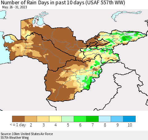 Central Asia Number of Rain Days in past 10 days (USAF 557th WW) Thematic Map For 5/26/2023 - 5/31/2023