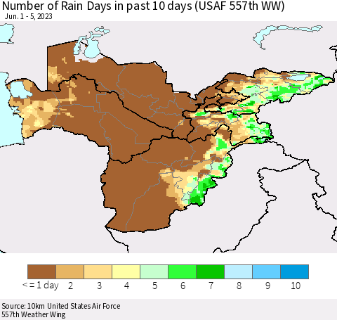 Central Asia Number of Rain Days in past 10 days (USAF 557th WW) Thematic Map For 6/1/2023 - 6/5/2023