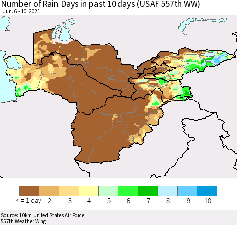 Central Asia Number of Rain Days in past 10 days (USAF 557th WW) Thematic Map For 6/6/2023 - 6/10/2023
