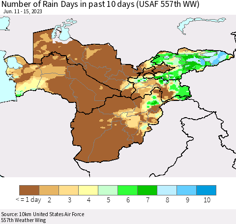 Central Asia Number of Rain Days in past 10 days (USAF 557th WW) Thematic Map For 6/11/2023 - 6/15/2023