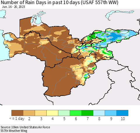 Central Asia Number of Rain Days in past 10 days (USAF 557th WW) Thematic Map For 6/16/2023 - 6/20/2023