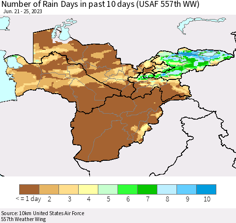 Central Asia Number of Rain Days in past 10 days (USAF 557th WW) Thematic Map For 6/21/2023 - 6/25/2023