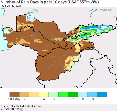 Central Asia Number of Rain Days in past 10 days (USAF 557th WW) Thematic Map For 6/26/2023 - 6/30/2023