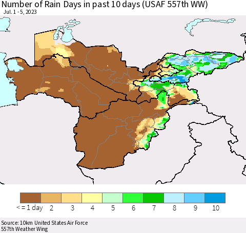 Central Asia Number of Rain Days in past 10 days (USAF 557th WW) Thematic Map For 7/1/2023 - 7/5/2023